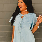 Bow Tie Ribbon Detail Denim Mini Dress - Light Blue - Lace and Grace Boutique