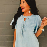 Bow Tie Ribbon Detail Denim Mini Dress - Light Blue - Lace and Grace Boutique