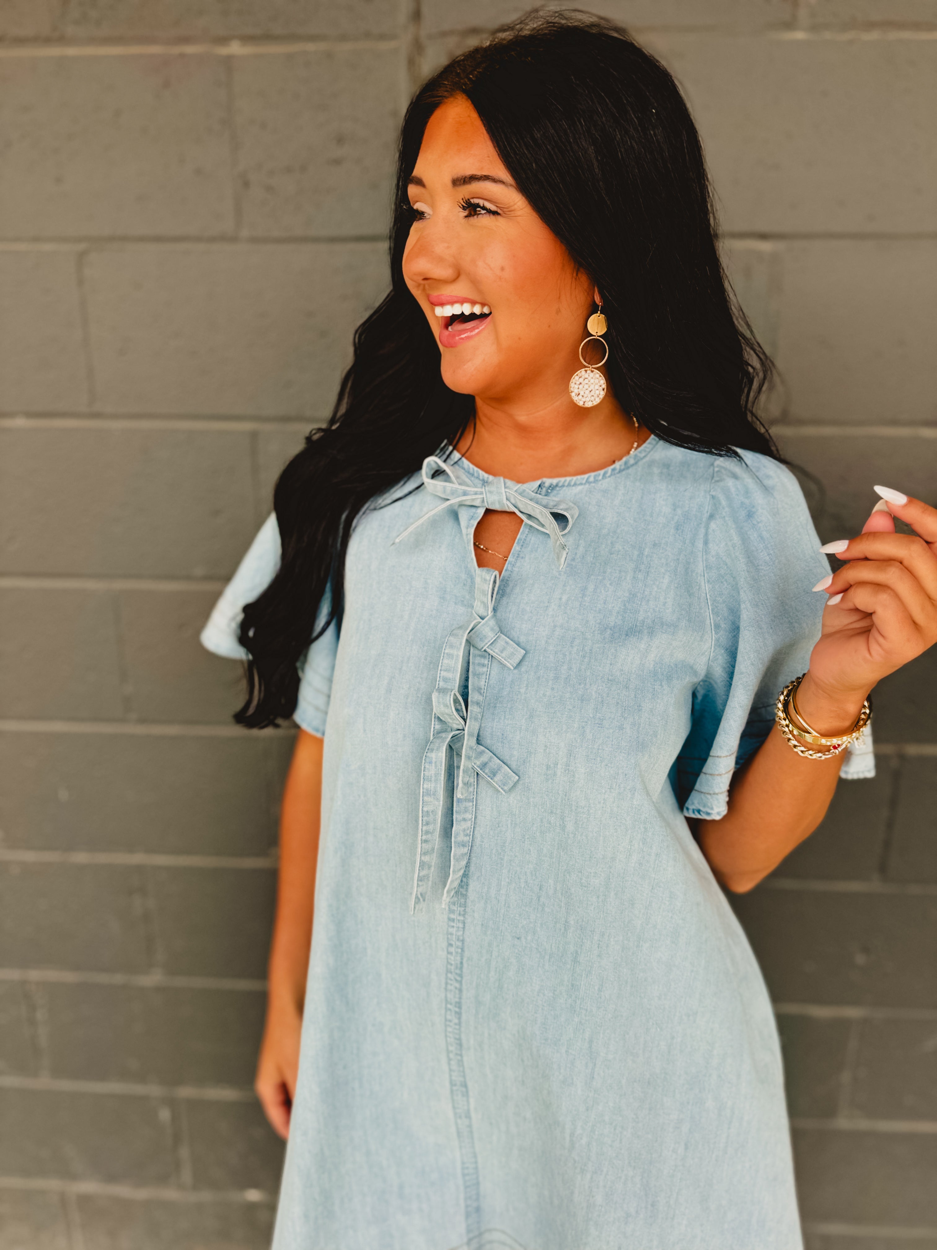 Bow Tie Ribbon Detail Denim Mini Dress - Light Blue - Lace and Grace Boutique