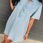 Bow Tie Ribbon Detail Denim Mini Dress - Light Blue - Lace and Grace Boutique