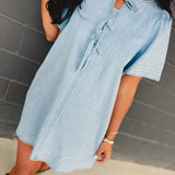 Bow Tie Ribbon Detail Denim Mini Dress - Light Blue - Lace and Grace Boutique