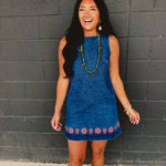 Floral Embroidered Washed Denim Mini Dress - Indigo - Lace and Grace Boutique