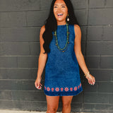 Floral Embroidered Washed Denim Mini Dress - Indigo - Lace and Grace Boutique