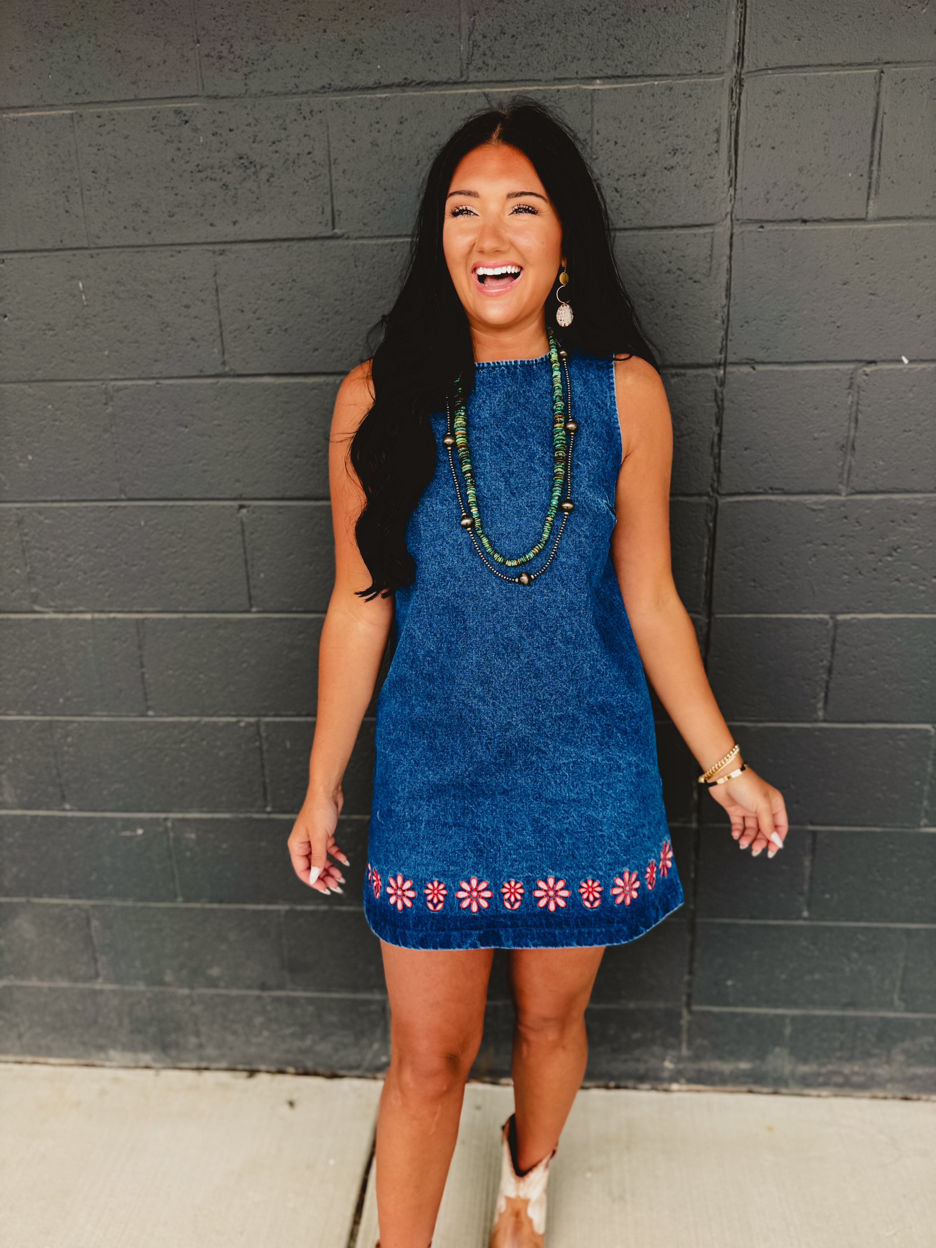 Floral Embroidered Washed Denim Mini Dress - Indigo - Lace and Grace Boutique