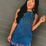 Floral Embroidered Washed Denim Mini Dress - Indigo - Lace and Grace Boutique