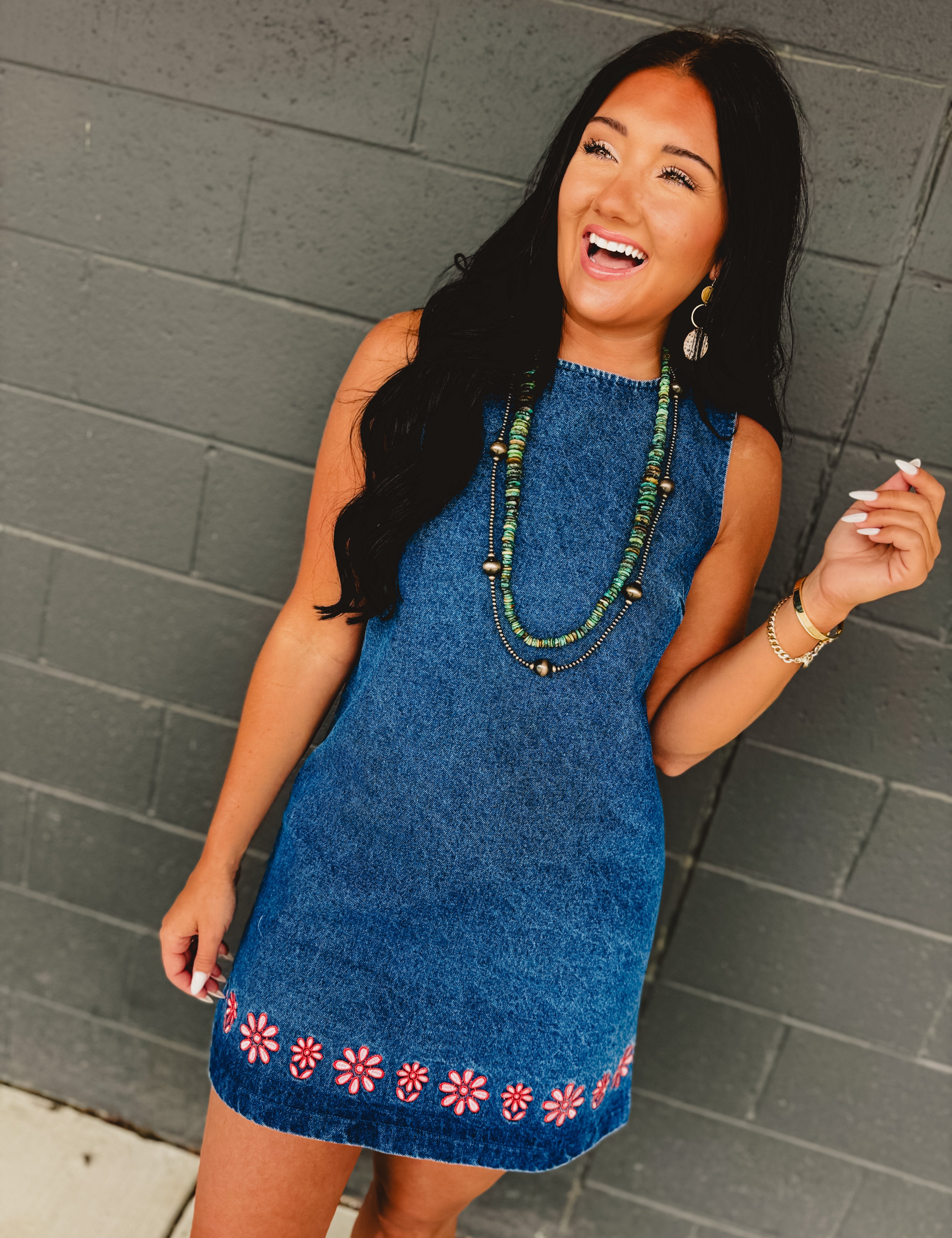 Floral Embroidered Washed Denim Mini Dress - Indigo - Lace and Grace Boutique