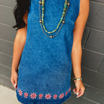 Floral Embroidered Washed Denim Mini Dress - Indigo - Lace and Grace Boutique