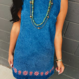 Floral Embroidered Washed Denim Mini Dress - Indigo - Lace and Grace Boutique