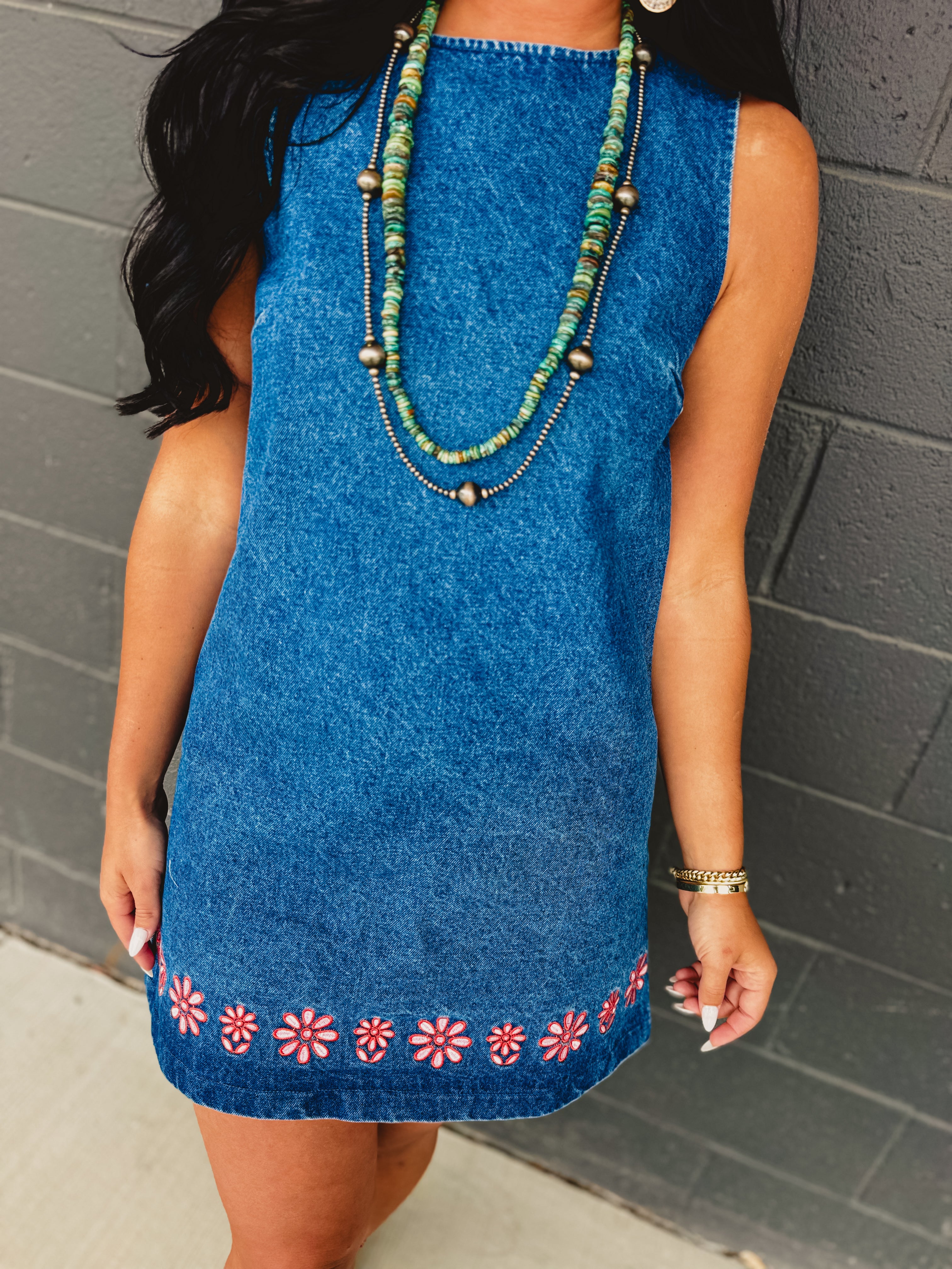 Floral Embroidered Washed Denim Mini Dress - Indigo - Lace and Grace Boutique