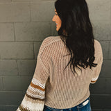 Striped Sleeve Detail Crochet Cardigan - Mocha/Olive