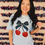 Cherry Bow Patriotic Embriodered Tee - Light Blue - Lace and Grace Boutique