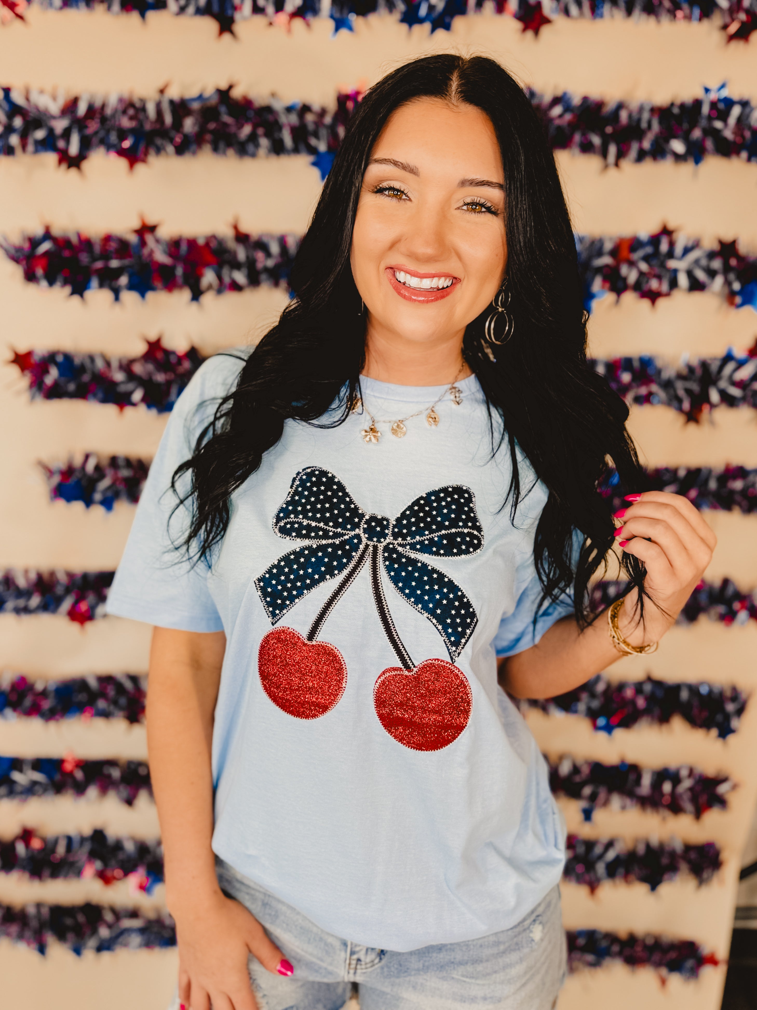Cherry Bow Patriotic Embriodered Tee - Light Blue - Lace and Grace Boutique
