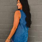 Floral Embroidered Washed Denim Mini Dress - Indigo - Lace and Grace Boutique