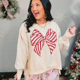 Velvet Bow Embroidered Oversized Sweatshirt - Ivory/Red