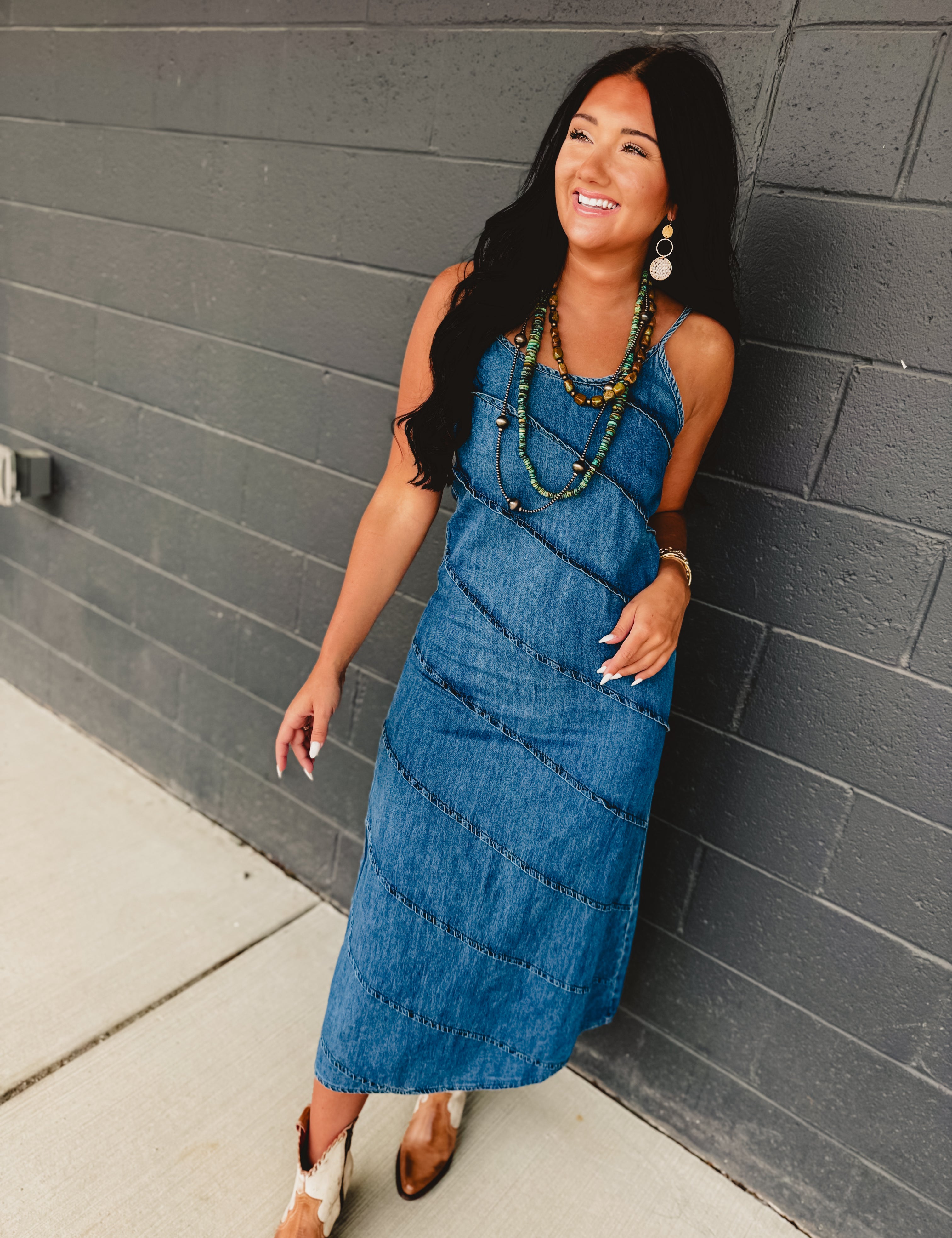 Pintuck Detail Denim Cami Maxi Dress - Lace and Grace Boutique