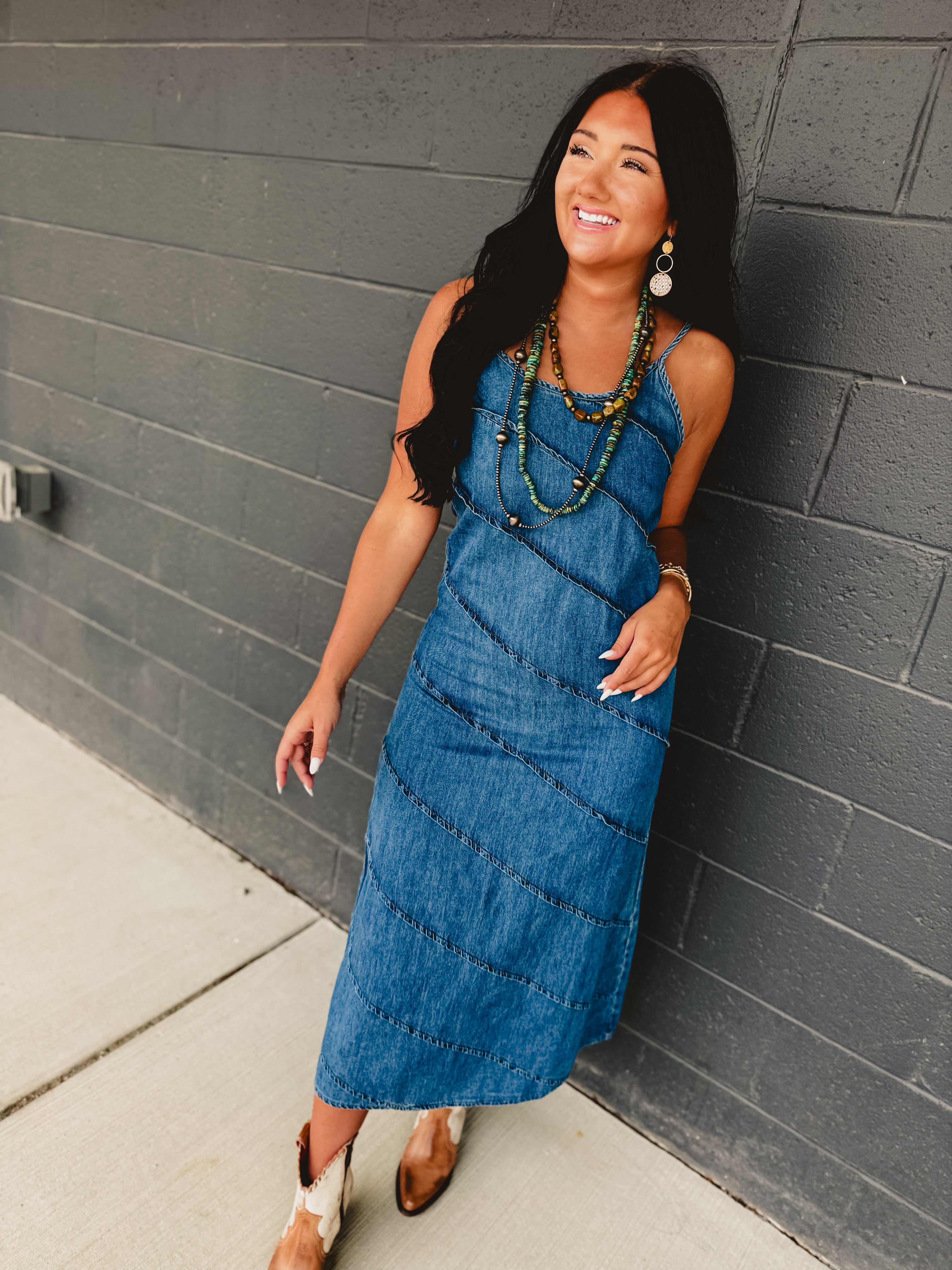 Pintuck Detail Denim Cami Maxi Dress - Lace and Grace Boutique