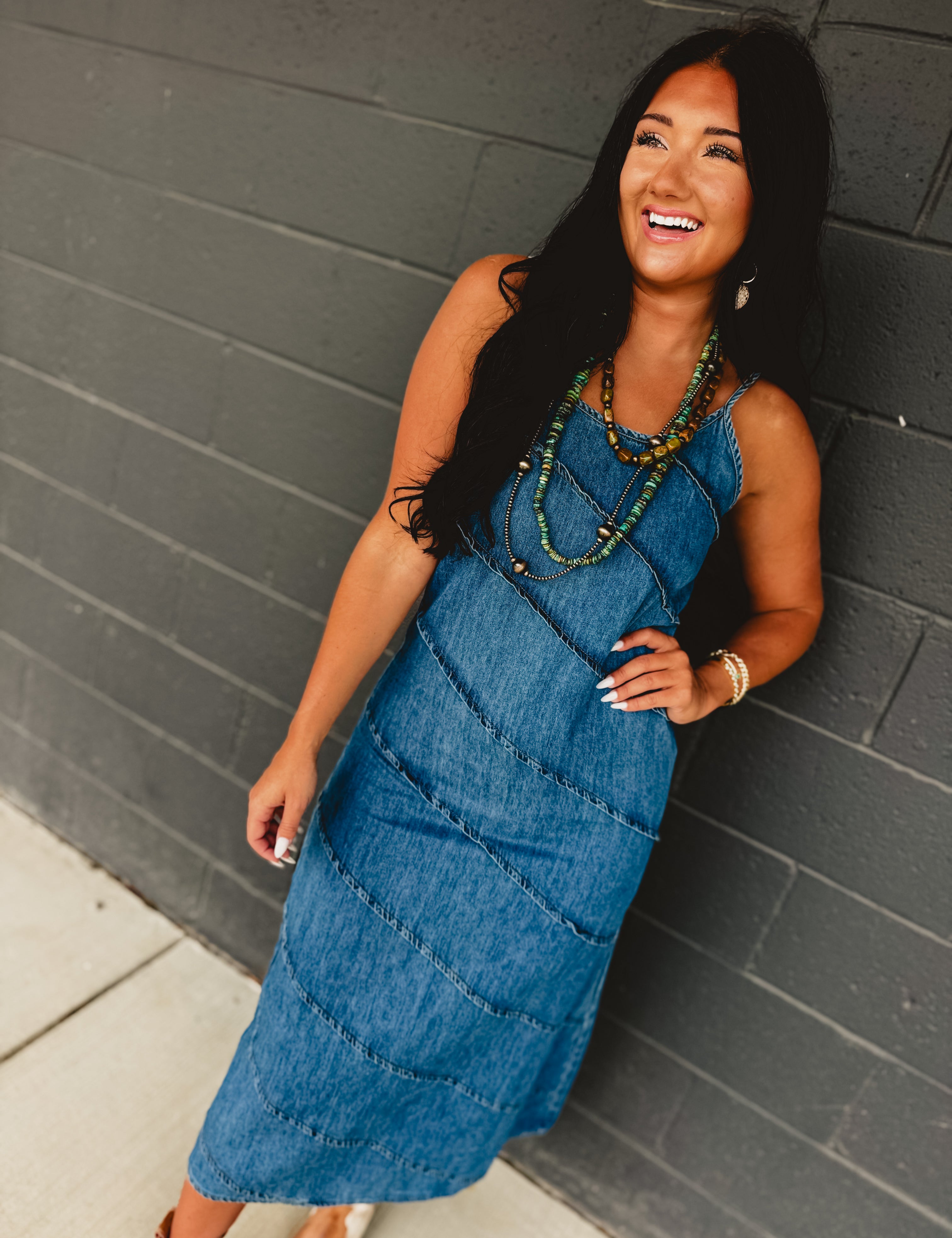 Pintuck Detail Denim Cami Maxi Dress - Lace and Grace Boutique