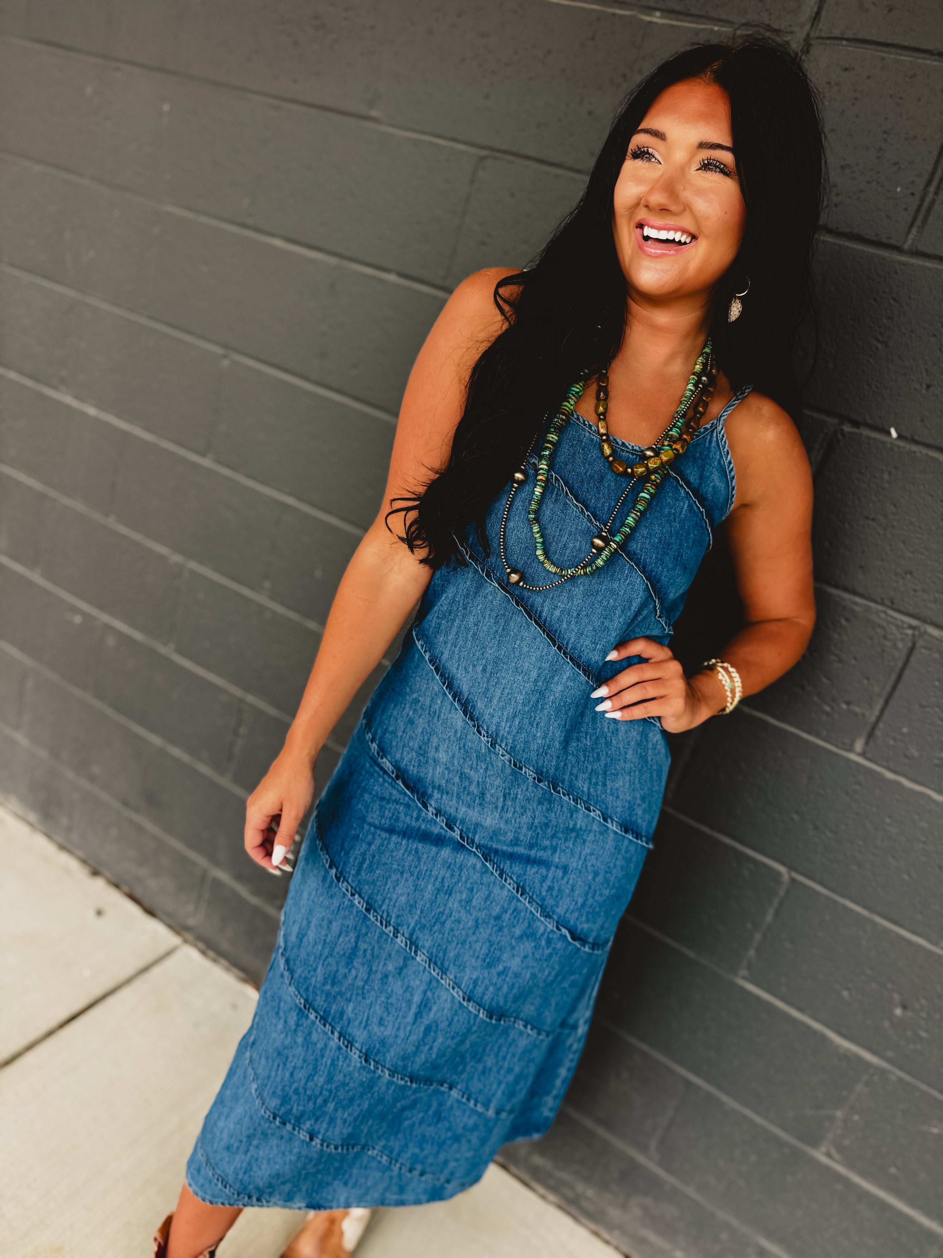 Pintuck Detail Denim Cami Maxi Dress - Lace and Grace Boutique