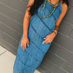 Pintuck Detail Denim Cami Maxi Dress - Lace and Grace Boutique