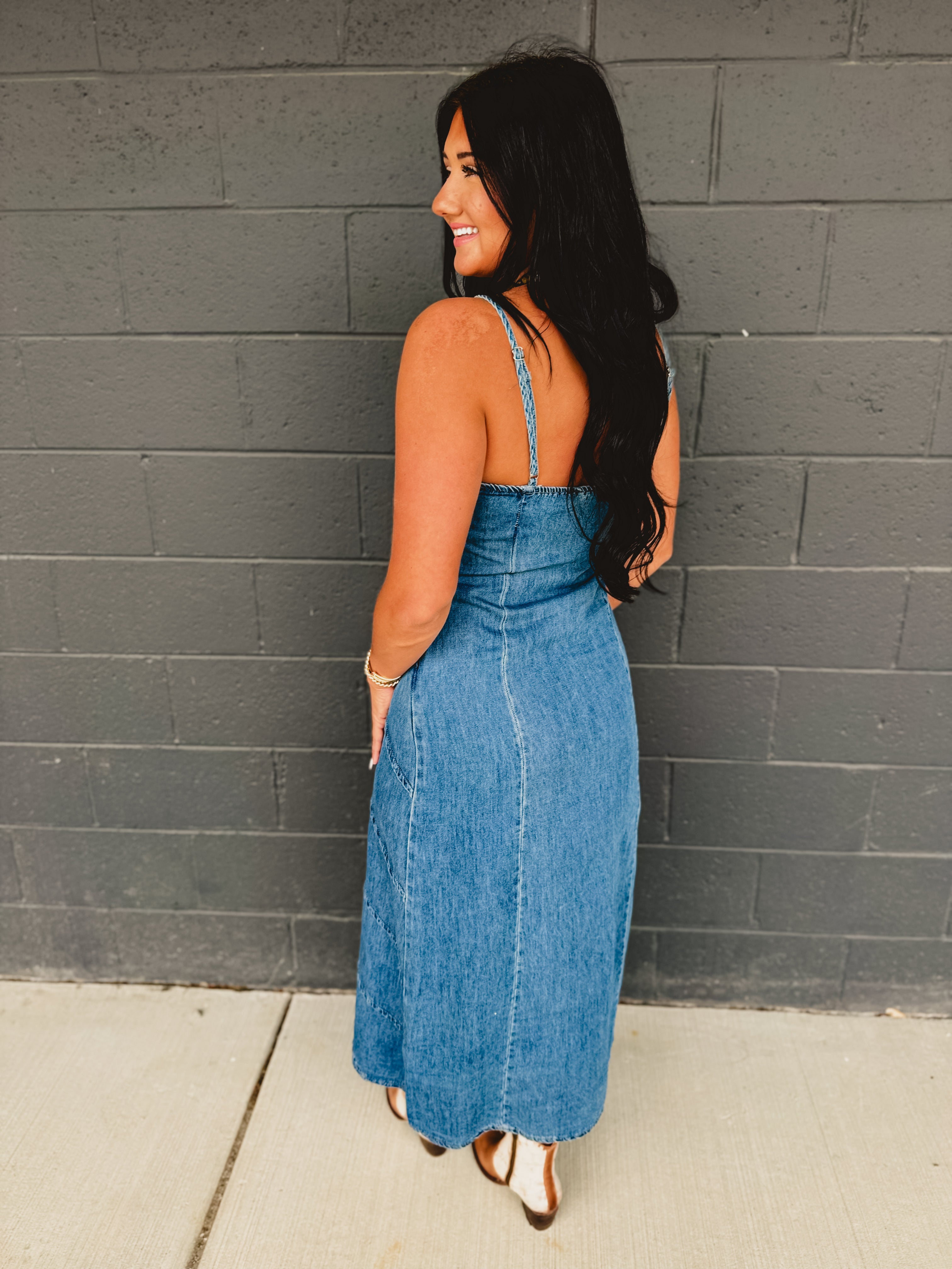 Pintuck Detail Denim Cami Maxi Dress - Lace and Grace Boutique