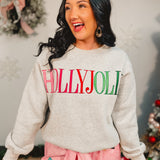 Holly Jolly Embroidered Fleece Terry Sweatshirt - Heather Grey