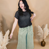 Washed French Terry Cargo Wide Leg Pants - Lt. Olive