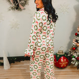 Christmas Wreath & Bow Satin Pajama Set - White/Red/Green