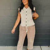Striped Barrel Leg Cropped Pants - Camel