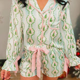Christmas Tree Gingham Satin Pajama Set - Baby Blue/Green/Pink