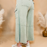 Washed French Terry Cargo Wide Leg Pants - Lt. Olive