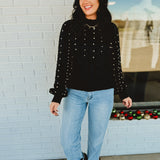 Pearl Detail Fuzzy Cable Knit Sweater - Black