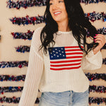 4th of July Boat Neck Crochet Sweater Knit Top - Ivory - Lace and Grace Boutique