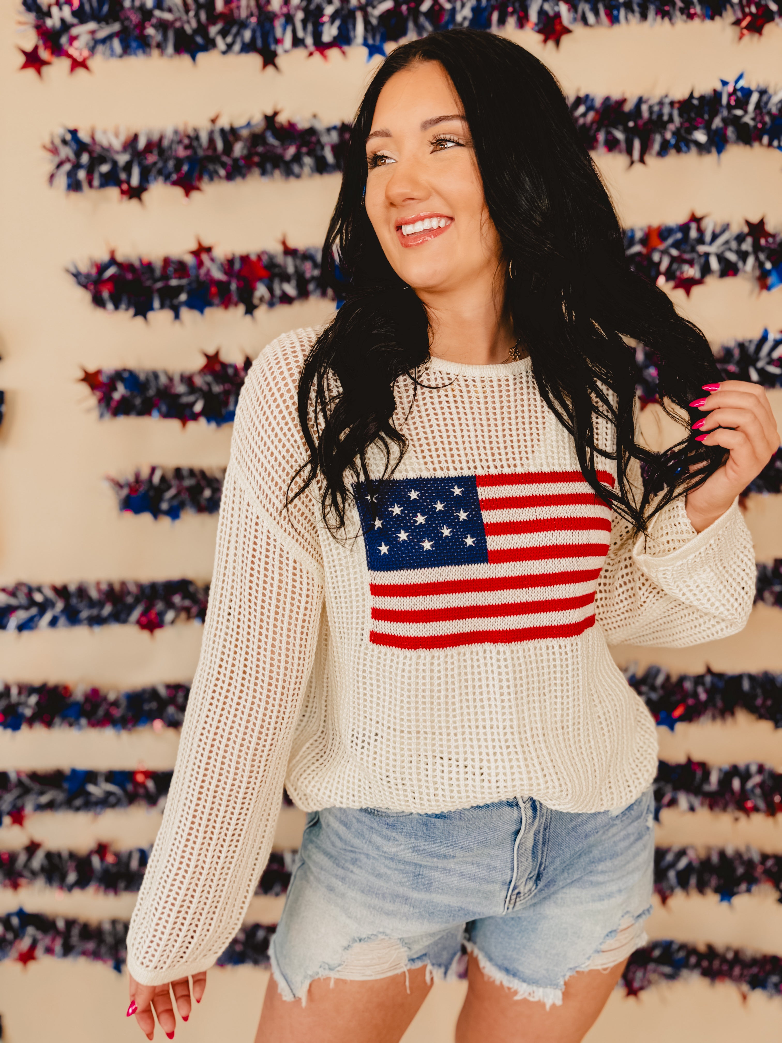 4th of July Boat Neck Crochet Sweater Knit Top - Ivory - Lace and Grace Boutique