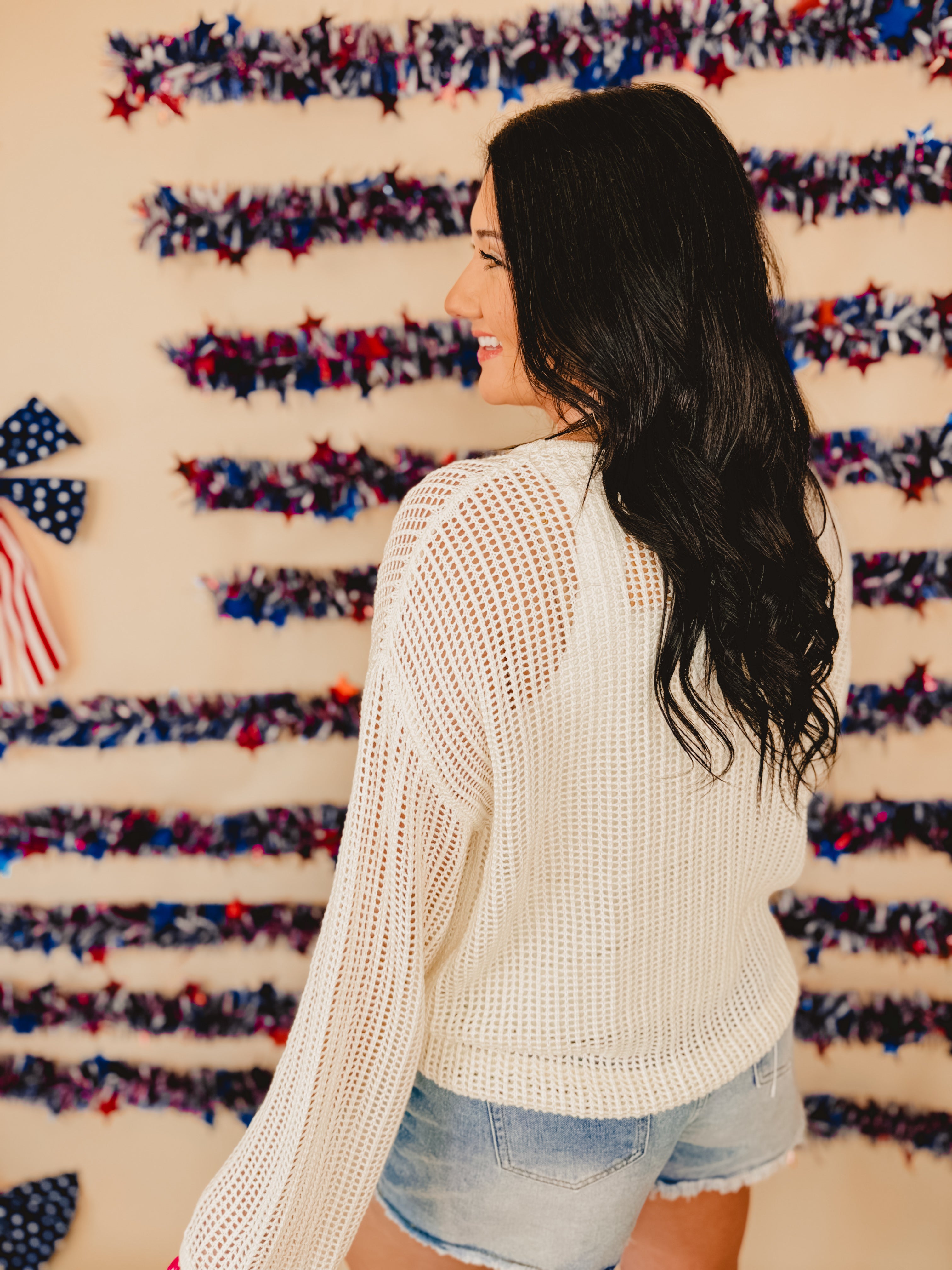 4th of July Boat Neck Crochet Sweater Knit Top - Ivory - Lace and Grace Boutique