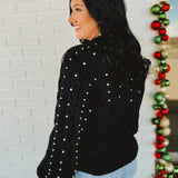 Pearl Detail Fuzzy Cable Knit Sweater - Black
