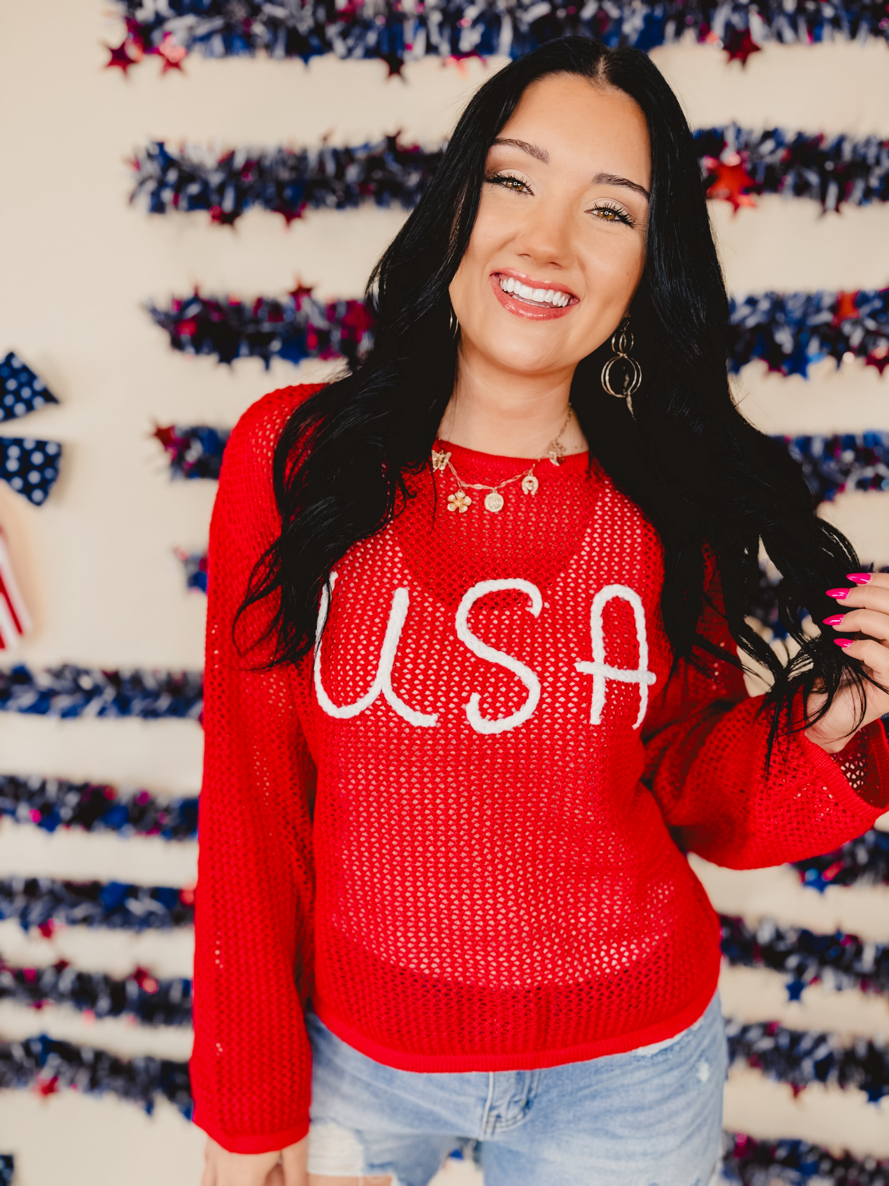 USA 3D Rope Embroidered Boat Neck Crochet Top - Red - Lace and Grace Boutique