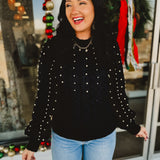 Pearl Detail Fuzzy Cable Knit Sweater - Black