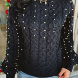 Pearl Detail Fuzzy Cable Knit Sweater - Black