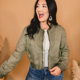 Washed Denim Zip Up Bomber Jacket - Olive