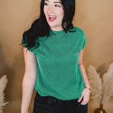 Ribbed Knit Short Sleeve Top- Kelly Green