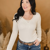 Lace Trim Long Sleeve Top - Powder Cream