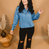 Denim Split Neck Long Sleeve Top