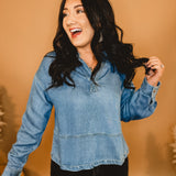 Denim Split Neck Long Sleeve Top