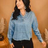 Denim Split Neck Long Sleeve Top