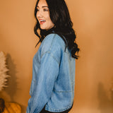 Denim Split Neck Long Sleeve Top