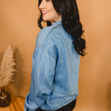 Denim Split Neck Long Sleeve Top