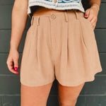 Linen Blend Pleated Bermuda Short - Cappuccino - Lace and Grace Boutique