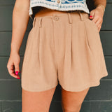 Linen Blend Pleated Bermuda Short - Cappuccino - Lace and Grace Boutique