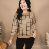 Grid Print Long Sleeve Sweater - Khaki/Black