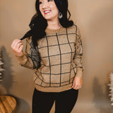 Grid Print Long Sleeve Sweater - Khaki/Black